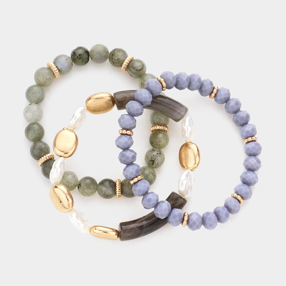 Semi Precious Stone Pearl Resin Beaded Stretch Bracelets-3PCS-3PCS
