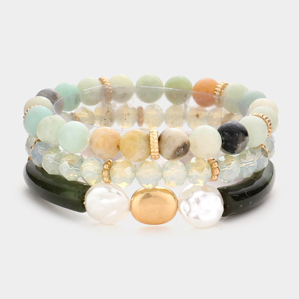 Semi Precious Stone Pearl Resin Beaded Stretch Bracelets-3PCS-3PCS