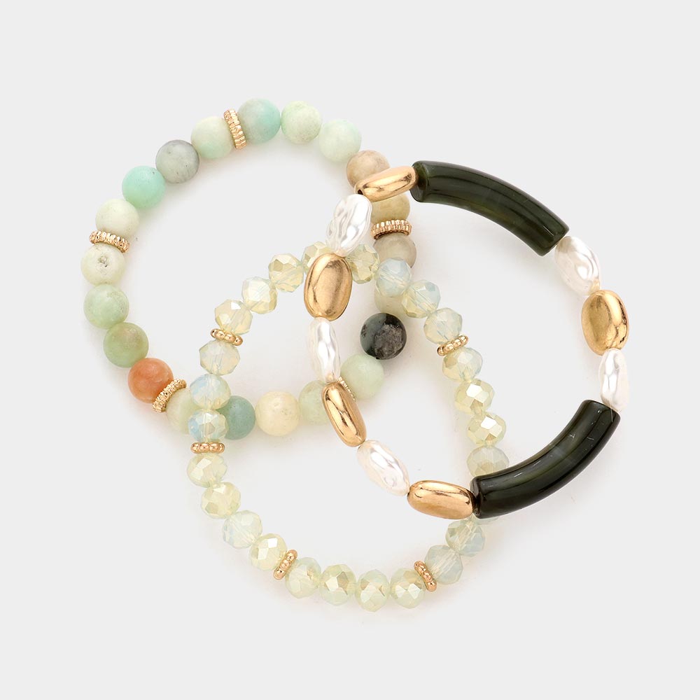 Semi Precious Stone Pearl Resin Beaded Stretch Bracelets-3PCS-3PCS