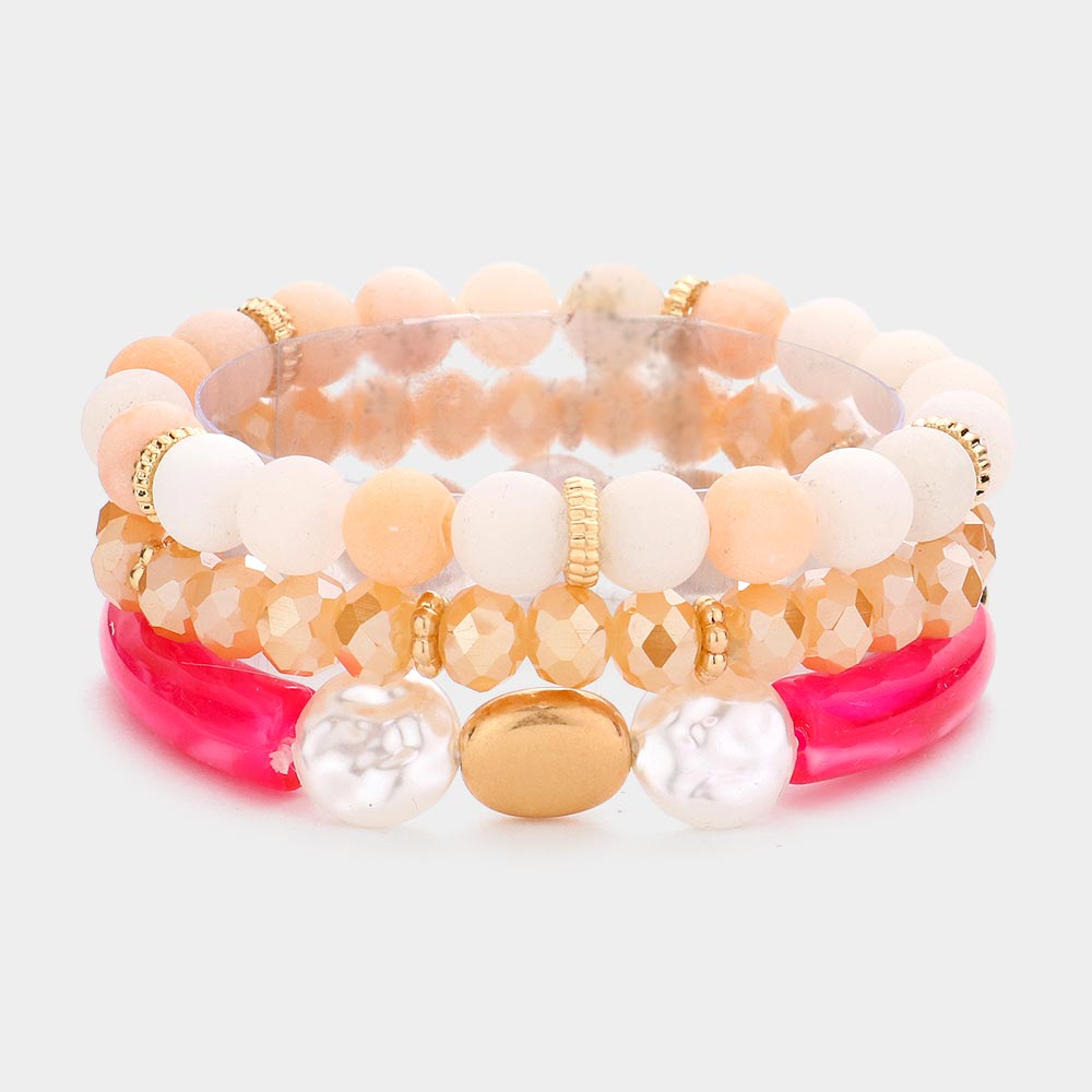 Semi Precious Stone Pearl Resin Beaded Stretch Bracelets-3PCS-3PCS
