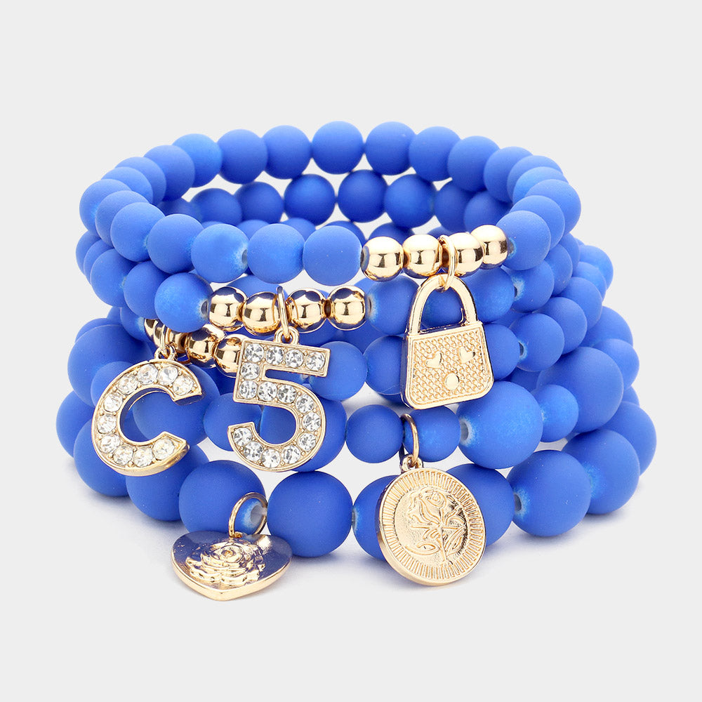 No. 5 Heart Lock Charm Beaded Stretch Bracelets-5PCS