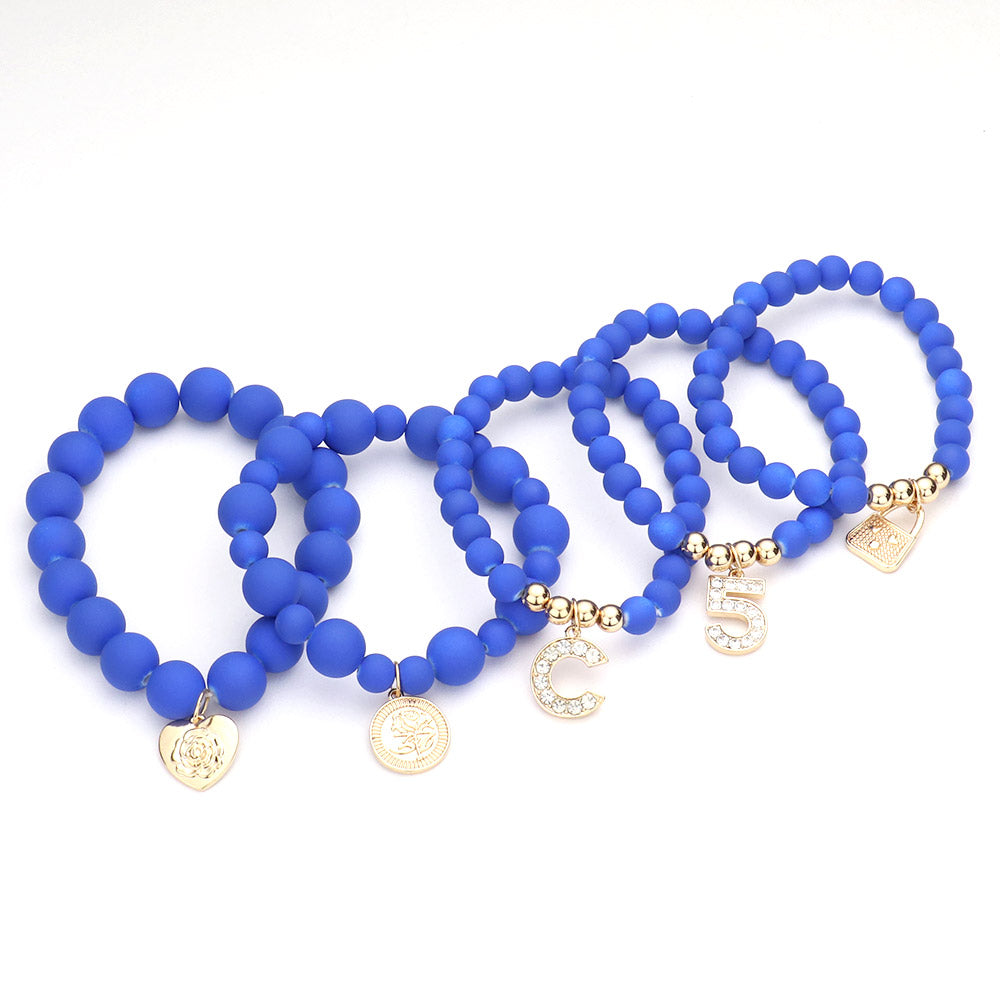 No. 5 Heart Lock Charm Beaded Stretch Bracelets-5PCS