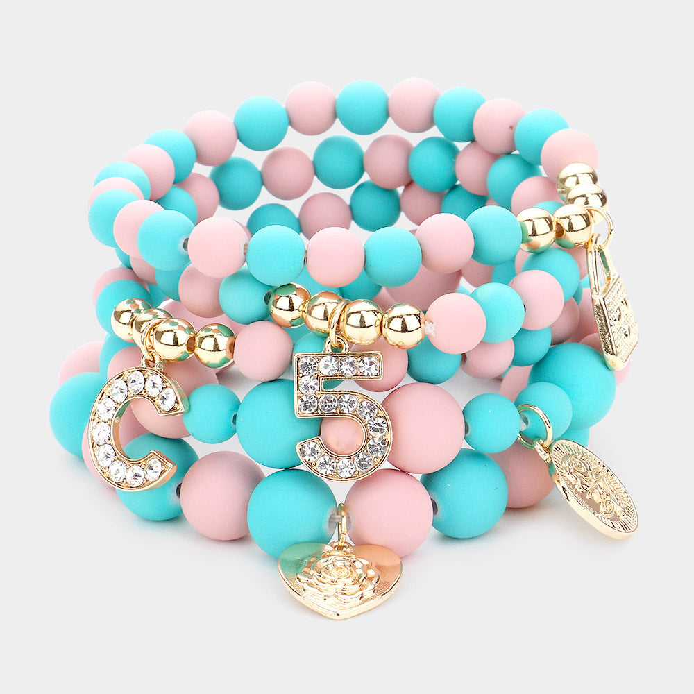 No. 5 Heart Lock Charm Beaded Stretch Bracelets-5PCS