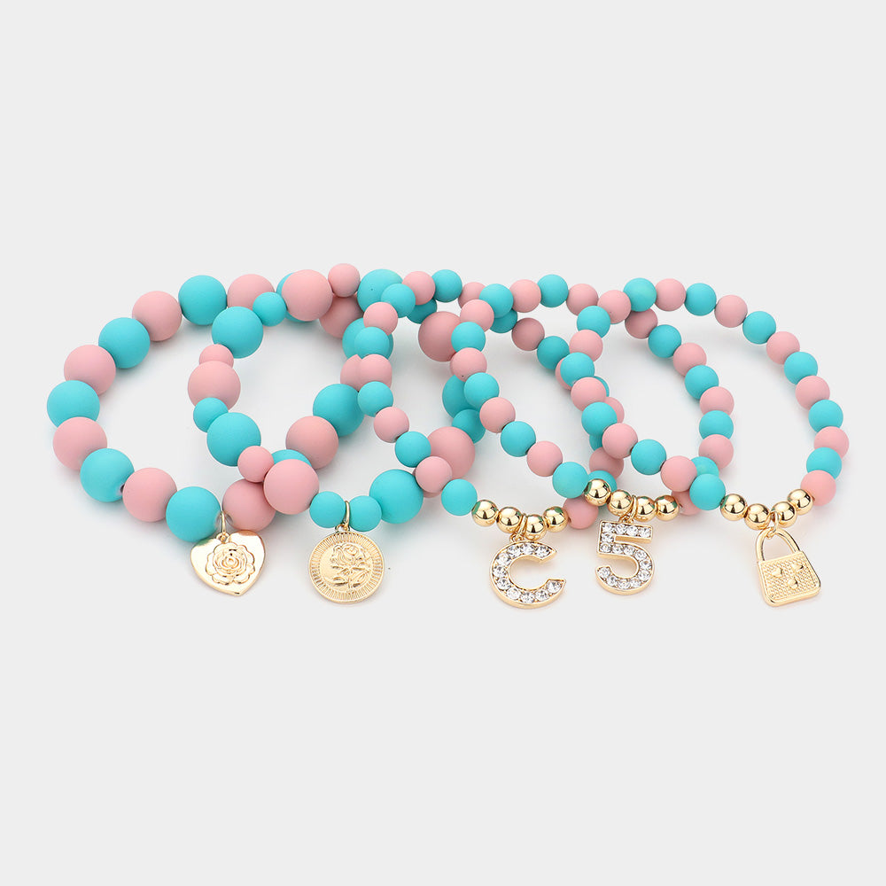 No. 5 Heart Lock Charm Beaded Stretch Bracelets-5PCS
