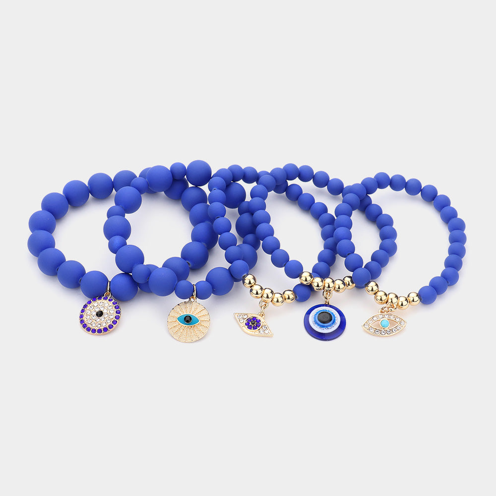 Evil Eye Charm Beaded Stretch Bracelets-5PCS