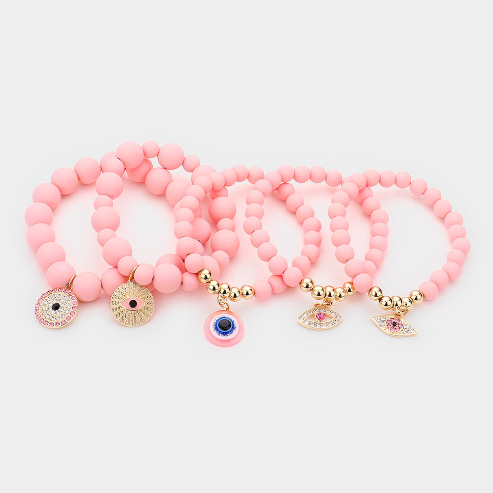 Evil Eye Charm Beaded Stretch Bracelets-5PCS