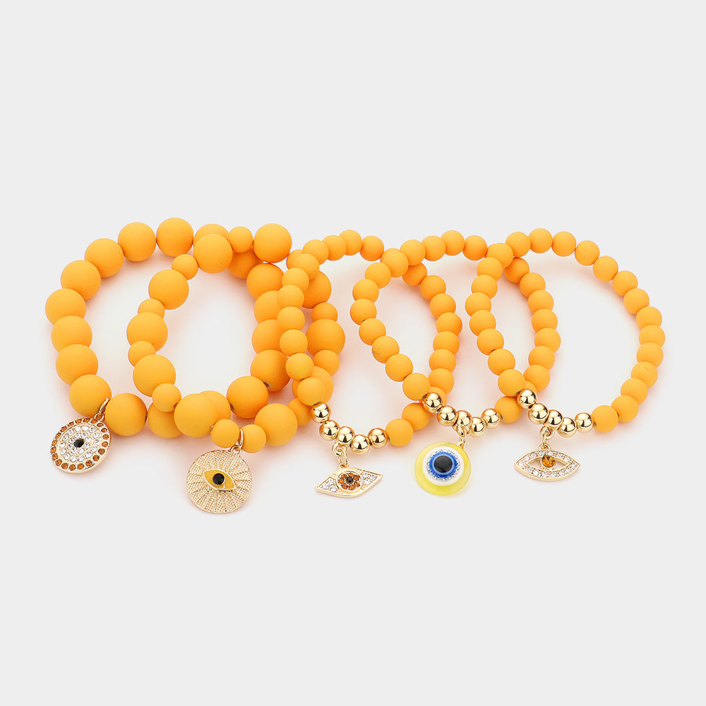 Evil Eye Charm Beaded Stretch Bracelets-5PCS