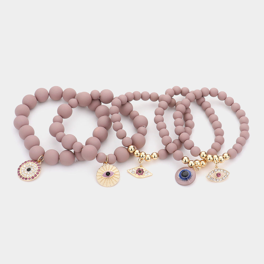 Evil Eye Charm Beaded Stretch Bracelets-5PCS