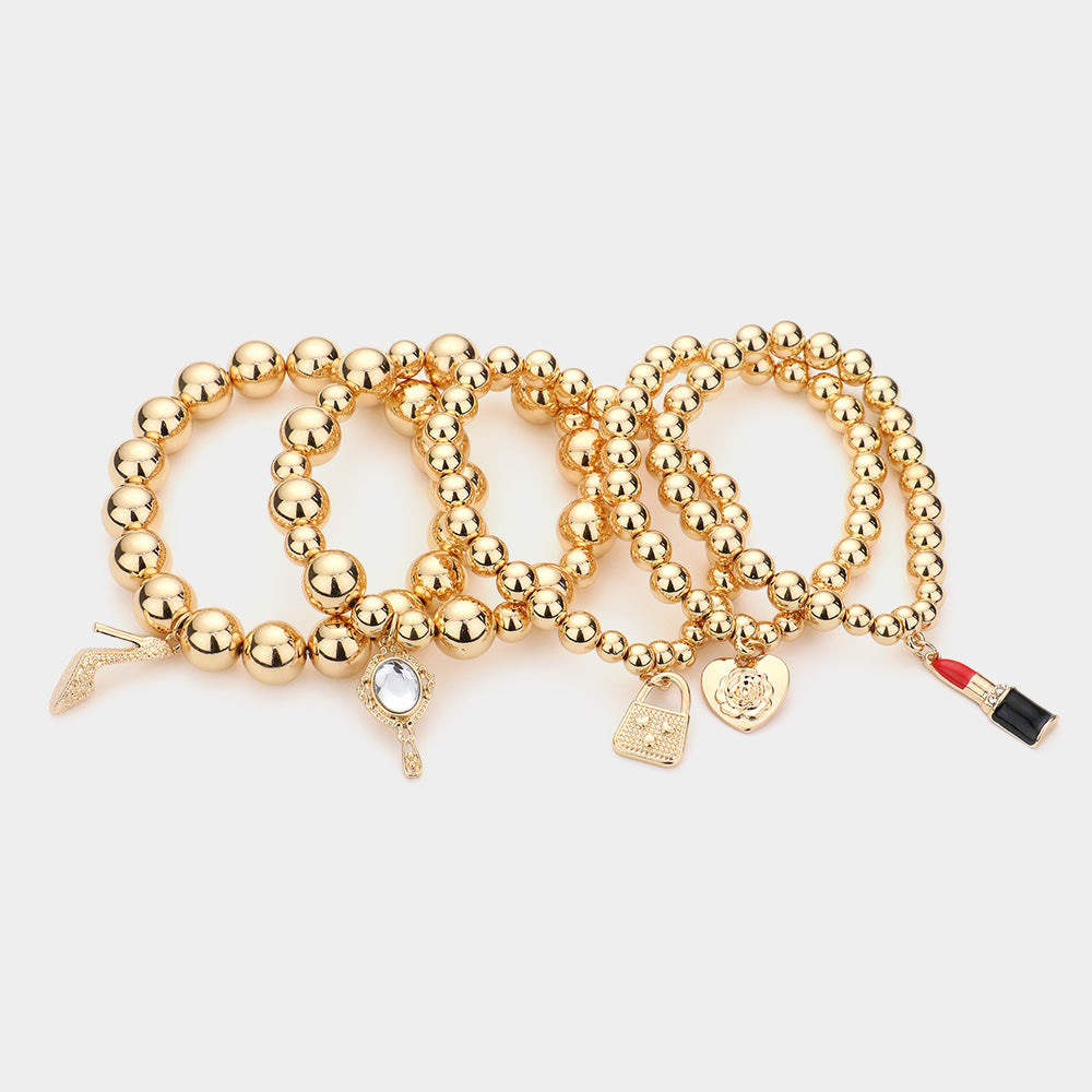 Flower Heart Hand Mirror Lipstick Stiletto Hill Tote Bag Charm Beaded Stretch Bracelets-5PCS