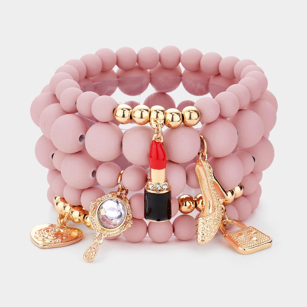 Flower Heart Hand Mirror Lipstick Stiletto Hill Tote Bag Charm Beaded Stretch Bracelets-5PCS