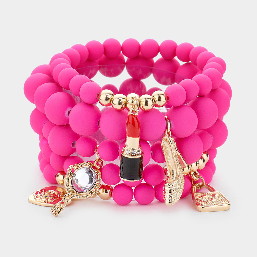 Flower Heart Hand Mirror Lipstick Stiletto Hill Tote Bag Charm Beaded Stretch Bracelets-5PCS
