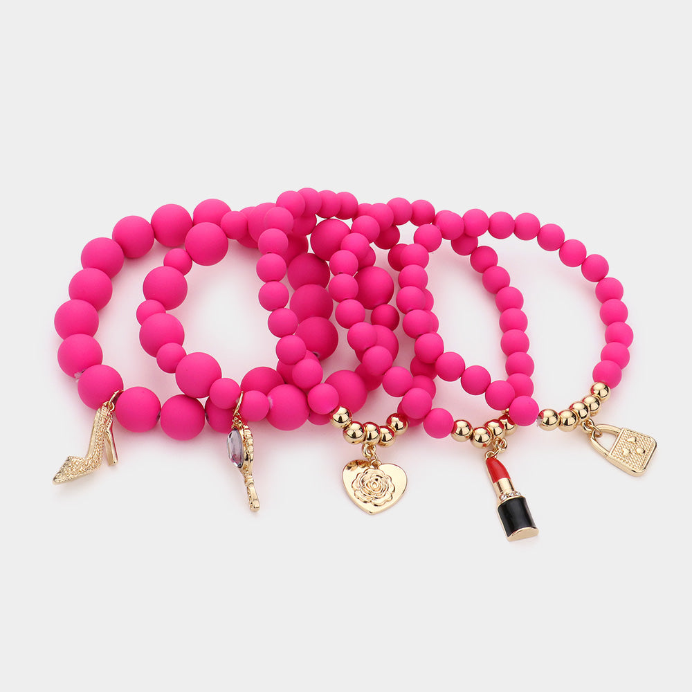 Flower Heart Hand Mirror Lipstick Stiletto Hill Tote Bag Charm Beaded Stretch Bracelets-5PCS