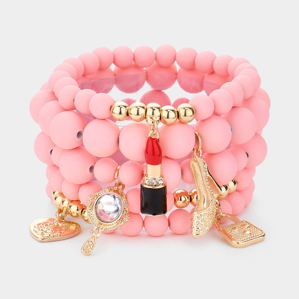Flower Heart Hand Mirror Lipstick Stiletto Hill Tote Bag Charm Beaded Stretch Bracelets-5PCS
