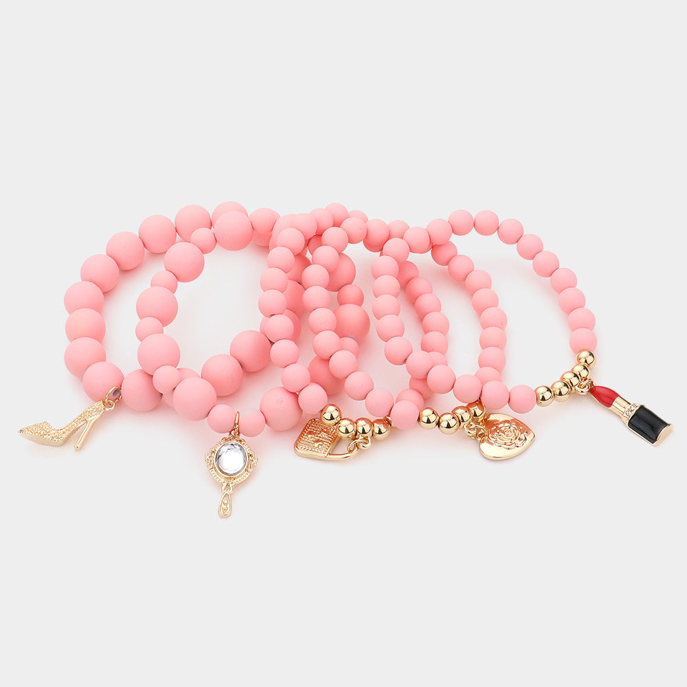 Flower Heart Hand Mirror Lipstick Stiletto Hill Tote Bag Charm Beaded Stretch Bracelets-5PCS