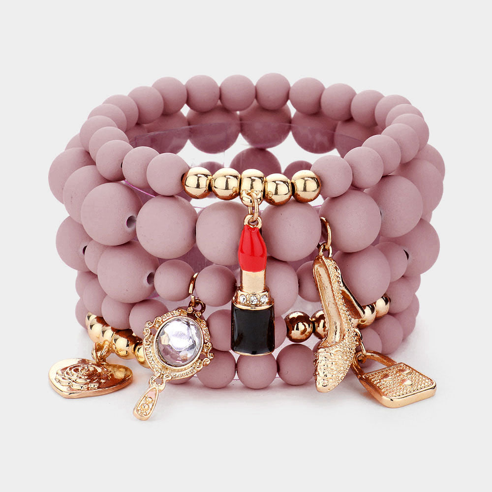 Flower Heart Hand Mirror Lipstick Stiletto Hill Tote Bag Charm Beaded Stretch Bracelets-5PCS