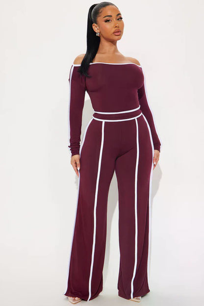 Off Shoulder Long Sleeve Top With Wide Leg Pants