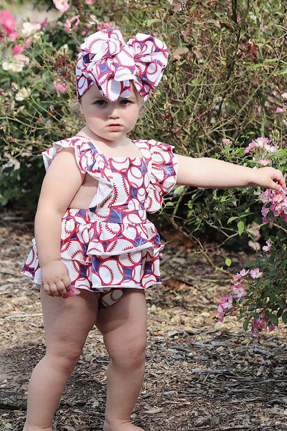 BASEBALL PRINTED BABY ONESIE W/ SNAPS. (HEADBAND IS SOLD SEPARATELY)