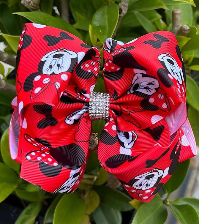 RED CHARACTER PRINTED DOUBLE LAYER HAIR BOWS. 4PCS