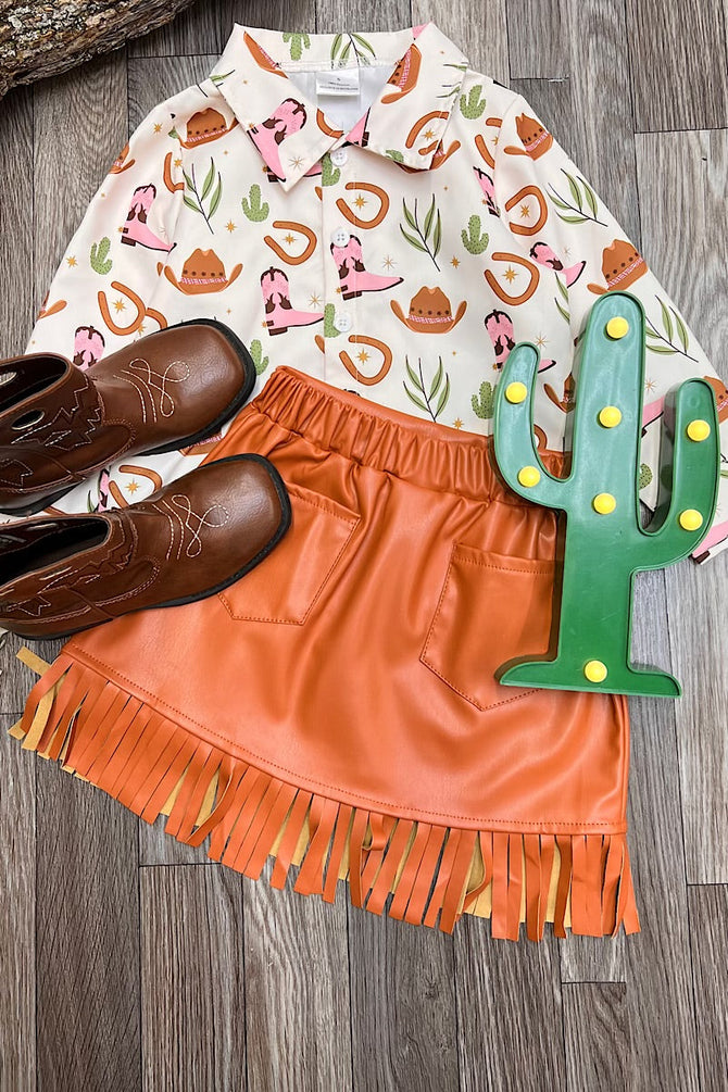 FAUX LEATHER FRINGE HEM SKIRT WITH STRETCHABLE WAIST BAND