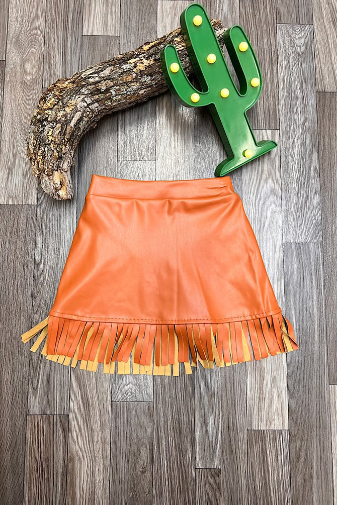 FAUX LEATHER FRINGE HEM SKIRT WITH STRETCHABLE WAIST BAND
