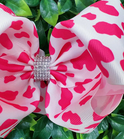 FUCHSIA BOLD COW SPOT PRINTED DOUBLE LAYER HAIRBOWS. (4PCS)