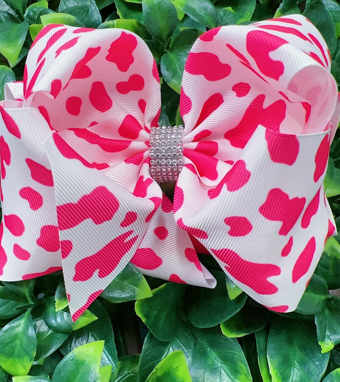 FUCHSIA BOLD COW SPOT PRINTED DOUBLE LAYER HAIRBOWS. (4PCS)