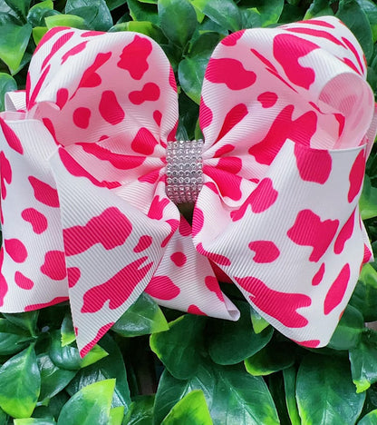 FUCHSIA BOLD COW SPOT PRINTED DOUBLE LAYER HAIRBOWS. (4PCS)