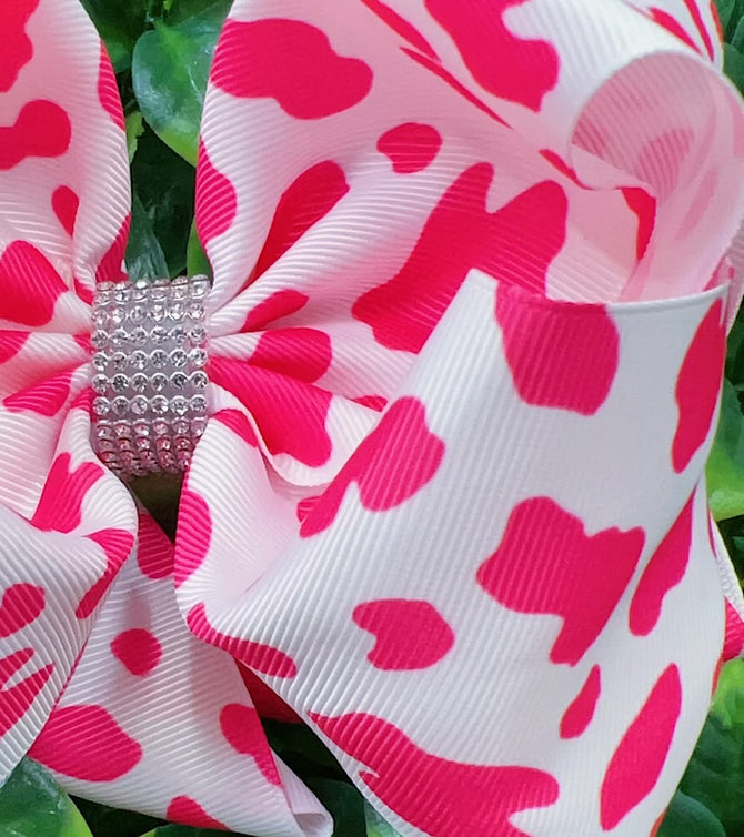 FUCHSIA BOLD COW SPOT PRINTED DOUBLE LAYER HAIRBOWS. (4PCS)