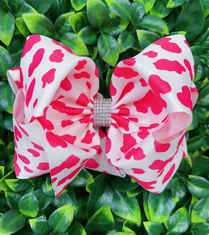 FUCHSIA BOLD COW SPOT PRINTED DOUBLE LAYER HAIRBOWS. (4PCS)