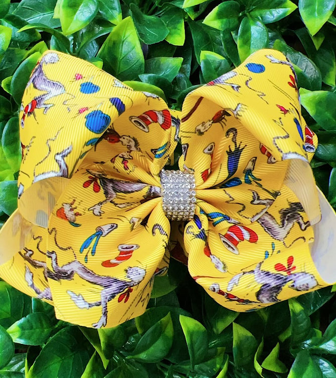 YELLOW CAT W/A HAT PRINTED DOUBLE LAYER HAIRBOWS. (4PCS)