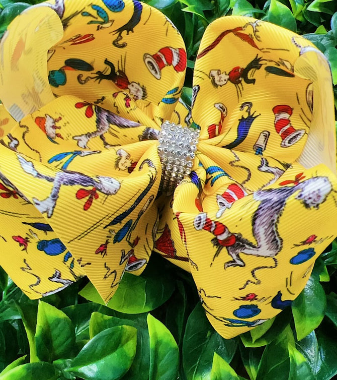 YELLOW CAT W/A HAT PRINTED DOUBLE LAYER HAIRBOWS. (4PCS)