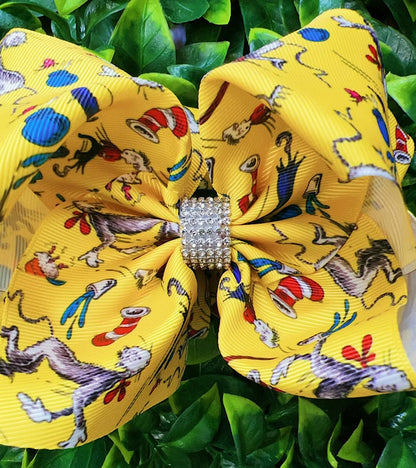 YELLOW CAT W/A HAT PRINTED DOUBLE LAYER HAIRBOWS. (4PCS)