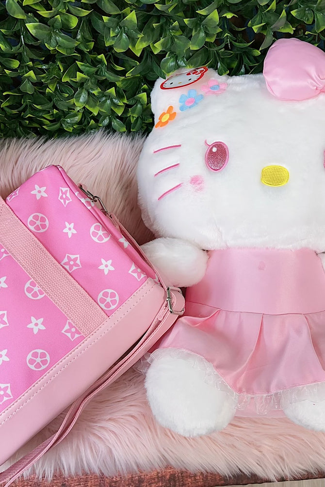 WHITE STAR ON PINK SMALL DUFFLE BAG WITH STRAP.