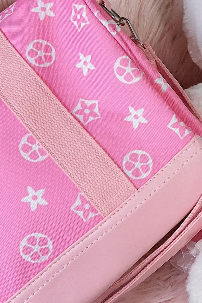 WHITE STAR ON PINK SMALL DUFFLE BAG WITH STRAP.