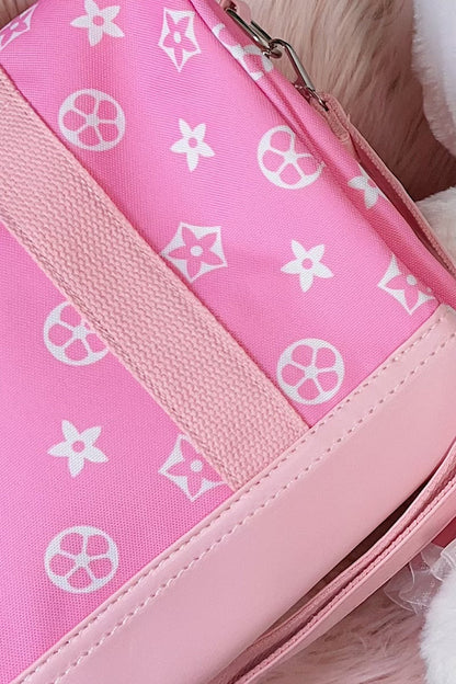 WHITE STAR ON PINK SMALL DUFFLE BAG WITH STRAP.