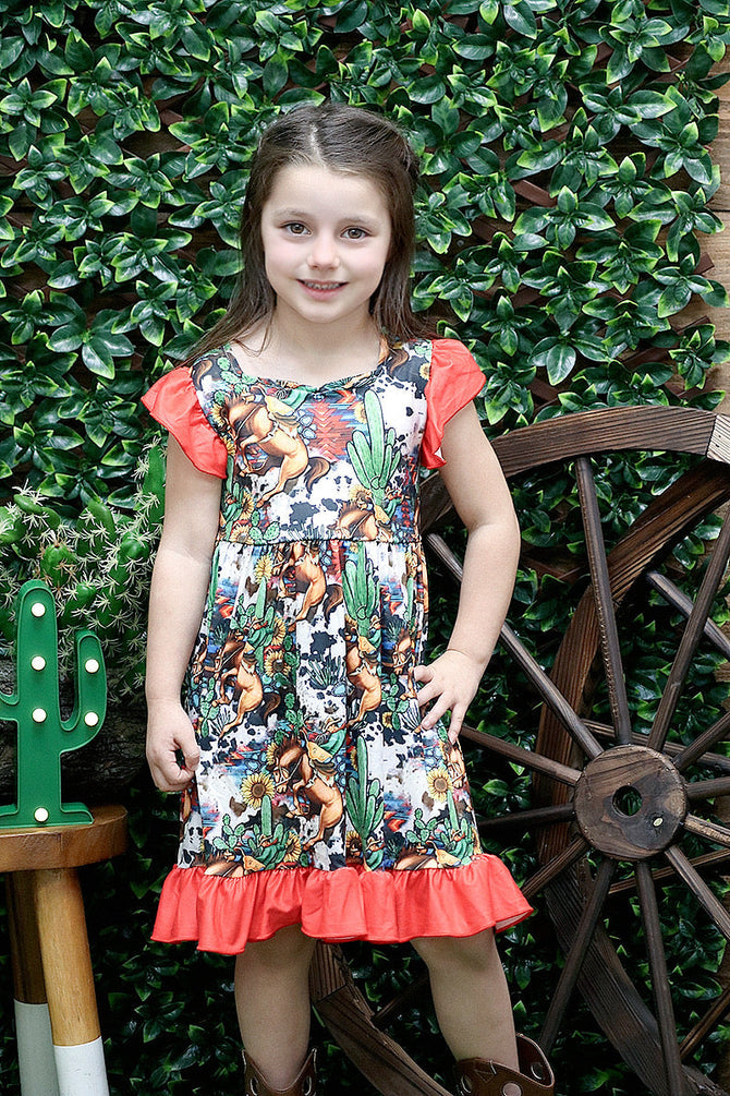 HORSE RIDER WESTERN PRINTED RUFFLE DRESS