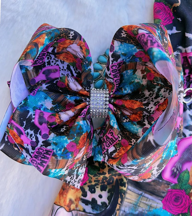 MAMA'S GIRL" MULTI-PRINTED DOUBLE LAYER HAIR BOW.(4PCS