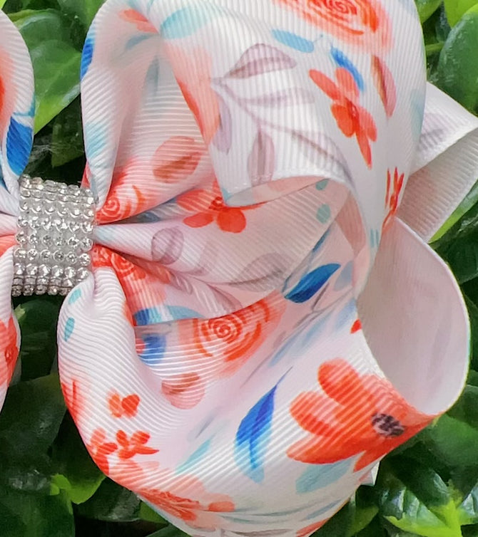 CORAL ROSE PRINTED DOUBLE LAYER HAIR BOWS. (4PCS)