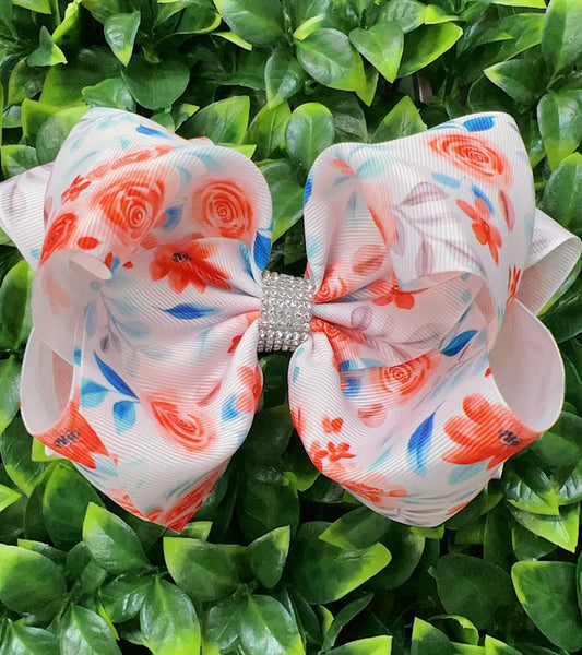 CORAL ROSE PRINTED DOUBLE LAYER HAIR BOWS. (4PCS)