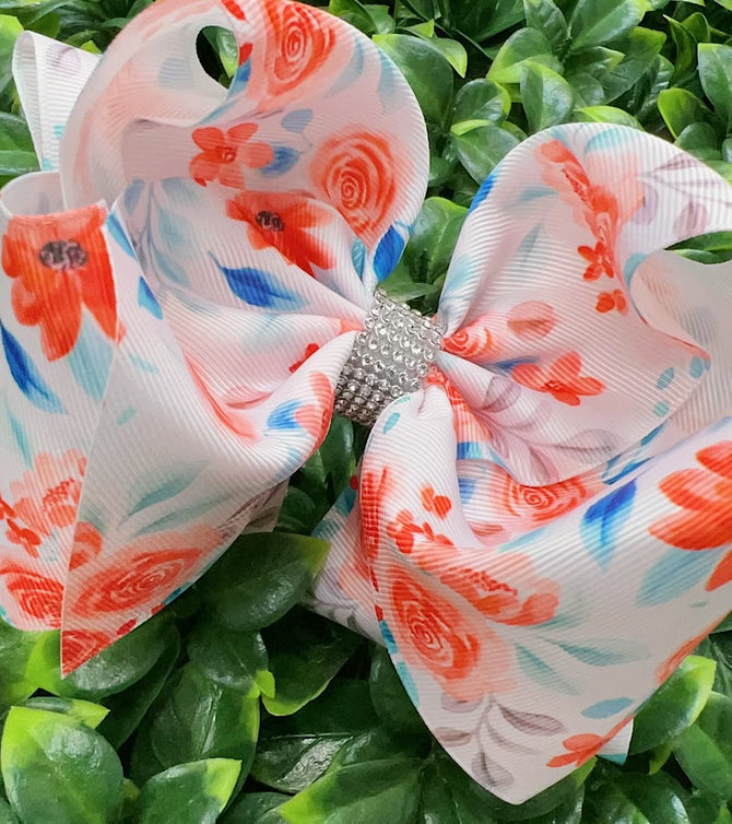 CORAL ROSE PRINTED DOUBLE LAYER HAIR BOWS. (4PCS)