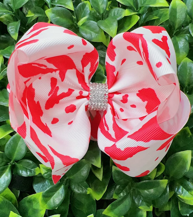 FUCHSIA COW SPOTTED DOUBLE LAYER HAIR BOWS. (4PCS)