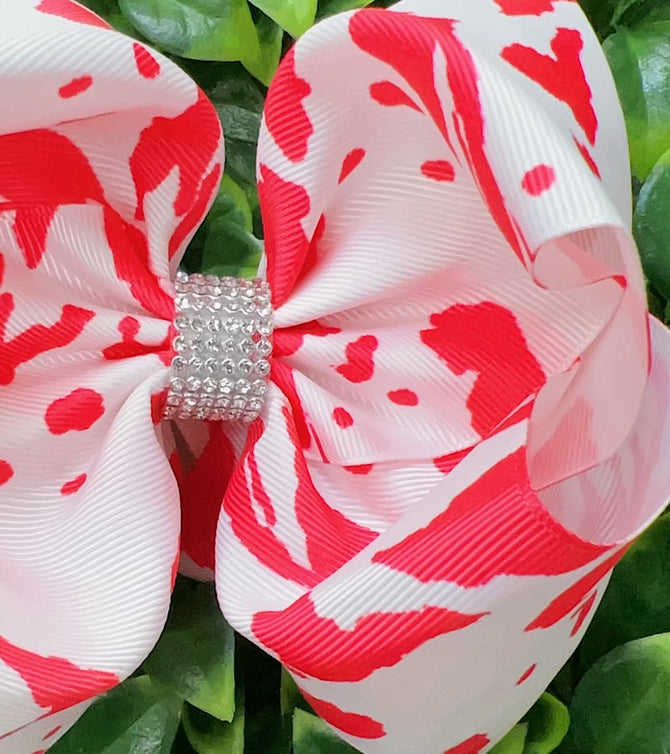 FUCHSIA COW SPOTTED DOUBLE LAYER HAIR BOWS. (4PCS)