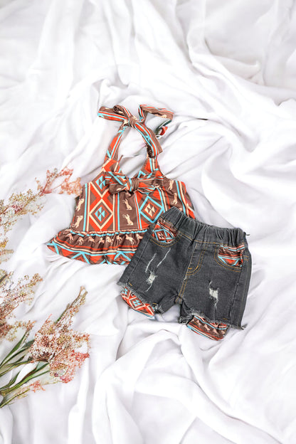 GEOMETRIC PRINTED HALTER TOP & BLACK DEIM SHORTS