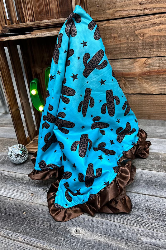 CACTUS PRINTED ON TURQUOISE BABY BLANKET & BROWN RUFFLE TRIM