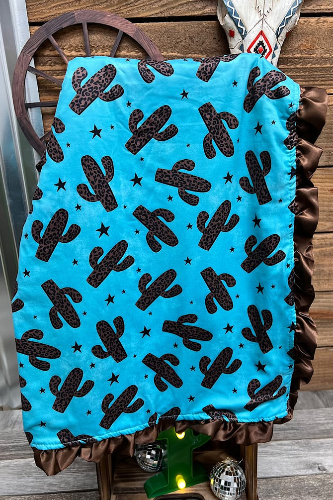 CACTUS PRINTED ON TURQUOISE BABY BLANKET & BROWN RUFFLE TRIM