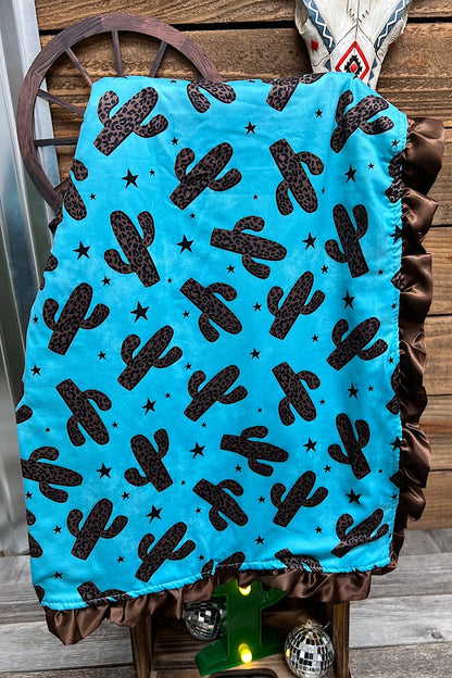 CACTUS PRINTED ON TURQUOISE BABY BLANKET & BROWN RUFFLE TRIM
