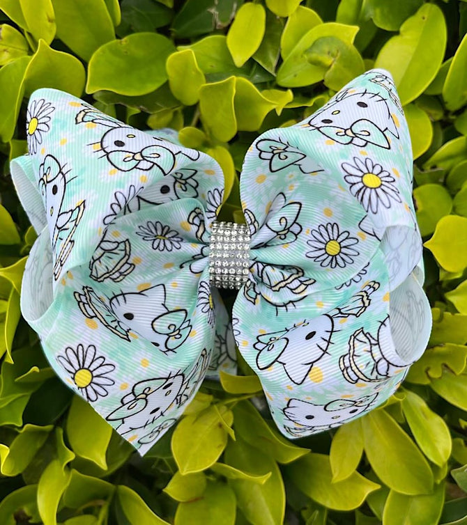 KITTY & DAISY PRINTED ON MINT 6.5" DOUBLE LAYER HAIR BOWS. 4PCS
