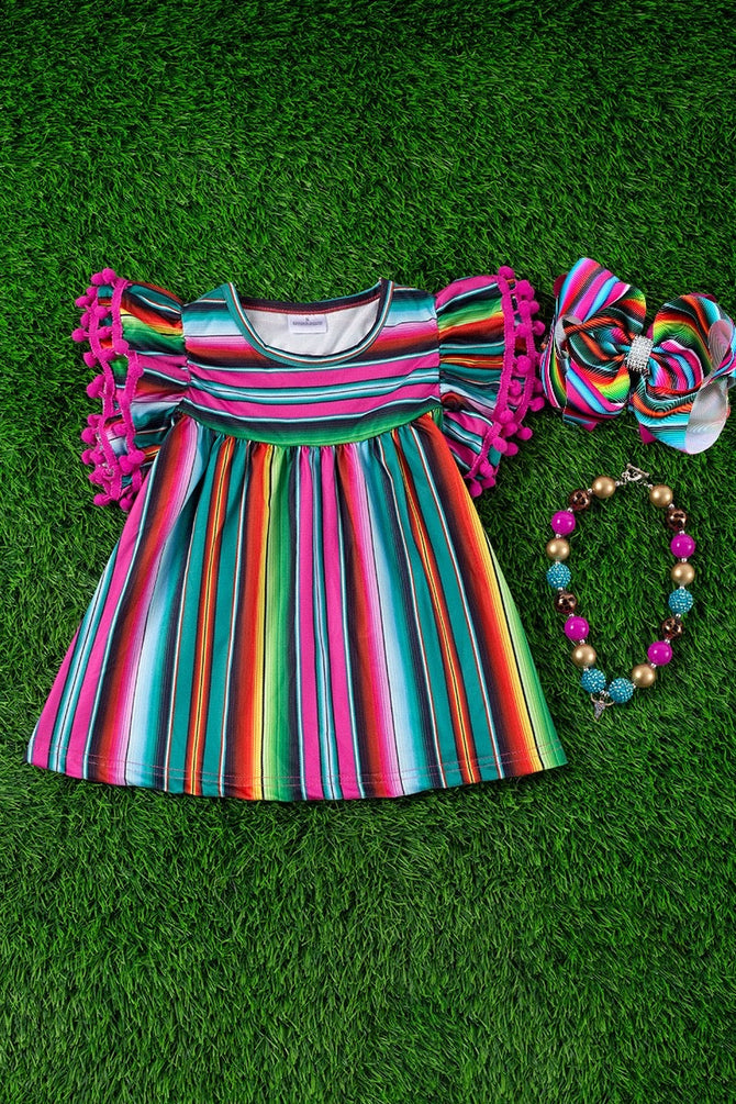SERAPE PRINTED GIRLS TUNIC W/ TURQUOISE POM POMS