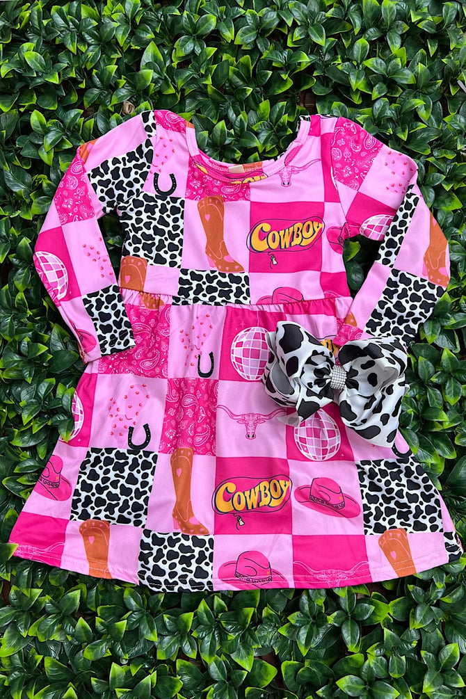 MULTI-PRINTED WESTERN PATCHES ON PINK DRESS
