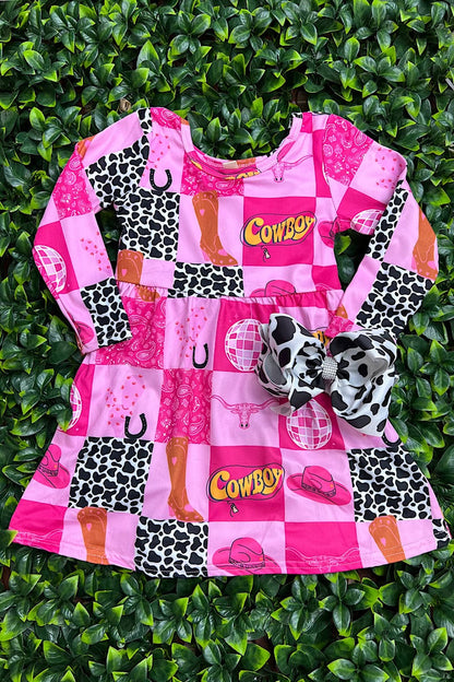 MULTI-PRINTED WESTERN PATCHES ON PINK DRESS